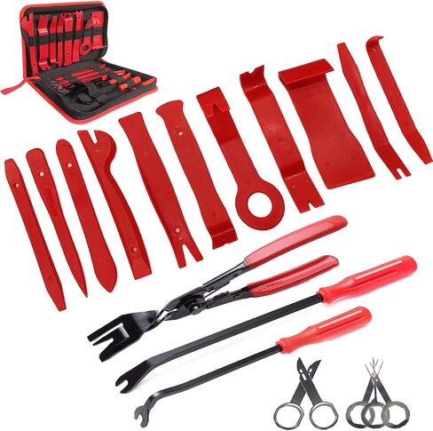 Removal Tool Kit Auto Car Door Trim Panel Removal kit Clip Pliers Set Clip Pliers Remover and Radio Audio Stereo Removal Tools red in Saudi Arabia