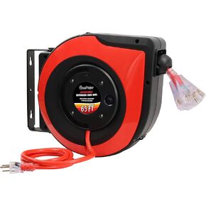 65 Feet Retractable Extension Cord, 12 AWG/3C SJTOW Heavy Duty Power Cord Reel,15 AMP Circuit Breaker, 3-Lighted Triple Outlets,Ceiling or Wall Mount Use, Indoor,Red