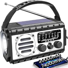 74000mWh Emergency Radio with NOAA Weather Alert, Portable Hand Crank SW/AM/FM Survival Radio with Fast Charge Rechargeable Solar Battery, Flashlight, Reading Lamp,SOS Sirenor Home Outdoor