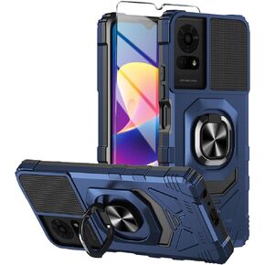 for TCL K24/TCL K23/TCL 50 LE Phone Case with Tempered Glass Screen Protector,Military Grade Heavy Duty Shockproof Protective Cover,with Ring Kickstand (TCL K24,Blue)