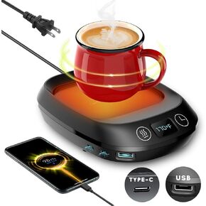 Coffee Mug Warmer,70W Coffee Warmer with 3 Charging Ports(2 Type C and 1 USB),Gravity/Auto Shut Off/Timing Function/3-Temps Settings,Electric USB Beverage Warmer for Keep Drinks Hot