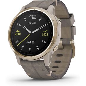 Garmin Fenix 6S Sapphire, Premium Multisport GPS Watch, Smaller-Sized, features Mapping, Music, Grade-Adjusted Pace Guidance and Pulse Ox Sensors, Light Gold with Gray Leather Band (Renewed)