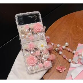 Bling Diamond Case for Moto Razr 2023 with Pearl Bracelet Strap Cover,Pink 3D Sparkly Shiny Crystal Rhinestones Flower Girly Shockproof Phone Case with Lanyard