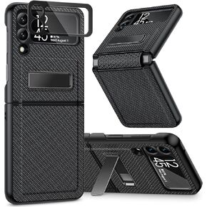 Caka for Galaxy Z Flip 3 5G Kickstand Case, Z Flip 3 Case with Camera Protector Hinge Protection Heavy Duty Shockproof Protection Wireless Charging Cover Case for Samsung Galaxy Z Flip 3 Carbon Fiber