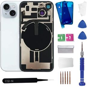 15Plus Back Glass Replacement with Wireless Charging Flex Cable and Camera Frame All Parts for iPhone 15 Plus(6.7Inch,Blue) Replacement of Equipment Waterproof Tape