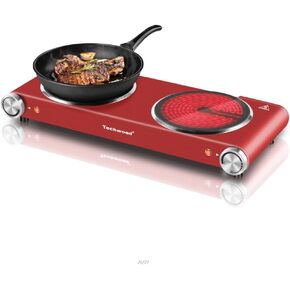 Techwood Double Hot Plates for Cooking, 1800W Electric Stove Infrared Ceramic Countertop Burner with Dual Adjustable Temperature & Glass Cooktop for Home/RV/Camp, Compatible for All Cookwares, Red