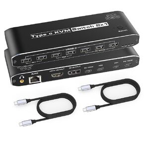 Type C KVM Switch for 2 Laptops Share 1 Monitor, KVM Switch Docking Station with 7 USB-A Ports, 2 USB-C Charging 100W, RJ45 Port, Thunderbolt KVM Supports 4K@60Hz with HDMI and DP for Laptop