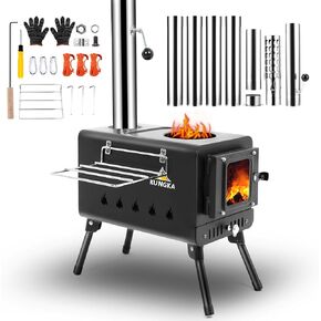 Tent Stove, Wood Burning Stove with 7 Section Chimney Pipes, Camping Wood Stove for Tent, Portable Hot Tent Stove for Outdoor Heating & Cooking, Hunting, Ice Fishing