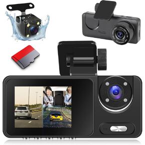 3 Channel Dash Cam Front and Rear, 1080P Dual Dashcam with 4 IR LEDs - 2 inch IPS Screen with G-Sensor, Wide Angle, Night Vision with 64GB Card Included