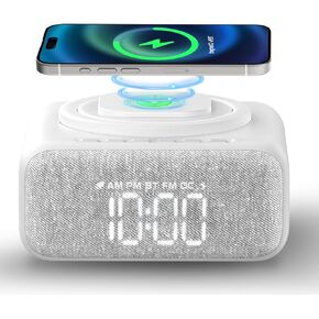 Alarm Clock Radio,Wireless Charger,Bluetooth Speaker Bedroom, White Noise Machine for Sleeping with 12 Soothing Sounds, FM Radio, Adjustable LED Night Light, Phone Holder for Home, Office, Gift