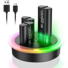 ELUTENG Rechargeable Battery Pack for Xbox One/Xbox Series X|S, 4 x 2600mAh Rechargeable Batteries for Xbox Controller LED Indicator Battery Charger Station Dock for Xbox One S/One X/Elite, Black