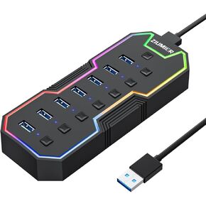 ZIUMIER USB 3.0 Hub,7 Ports USB Expander with RGB LED Strip for MacBook, Mac Pro, Mac Mini, iMac, Surface Pro, XPS, PC, Flash Drive, Mobile HDD