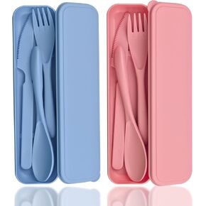 2 Sets Travel Utensils with Case,Reusable Utensils for Lunch Box,Plastic Knives Spoons and Forks Set,Portable Camping Utensil Sets Cutlery Set for Picnic or Daily Use Tableware(Blue + Pink)