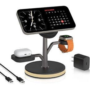 3 in 1 Charging Station for Apple Devices, Fast Charging Magsafe Charger Stand with LED Light and 20W PD Adapter, Wireless Nightstand Charger for iPhone16/15/14/13/12 Series& AirPods& iWatch and More
