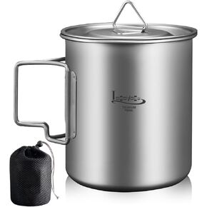 Titanium Pot with Lid, Lightweight Camping Pot with Foldable Handles, Portable Titanium Cooking Pot, Backpacking Pot Titanium Cookware with Carry Bag