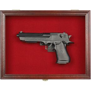 Single Handgun Pistol Revolver Gun Display Case Wall Mount Lockable Red Felt Wood Cabinet w/ 98% UV Protection Acrylic Door Gun Shadow Box Stand Rack Holder