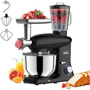 6 in 1 Multifunctional Stand Mixer with 6.5 Quart Stainless Steel Bowl, Food Mixer 660W 6 Speed Tilt-Head Meat Grinder, Juice Blender, Vegetable Slicer, Pasta and Cookie Maker
