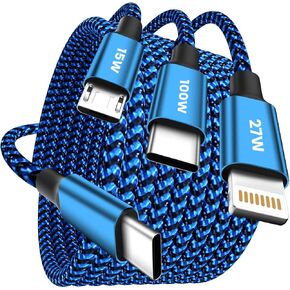 USB C Multi Charging Cable(2Pack 4FT), USB C and Light-ning Cable 2 in 1 Charging Cords 60W Fast Multiple Charger Cord Nylon Braided Compatible with iPhone16/15 Series/Phone/Pad/Laptop-Black