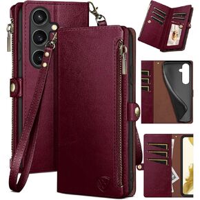 XcaseBar Compatible with Samsung Galaxy S25 Plus Wallet case with Zipper Credit Card Holder【RFID Blocking】,Flip Folio Book PU Leather Phone case Shockproof Cover Women Men for S25 Plus case Wine Red