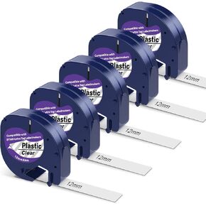 5 X Plastic Clear Label Maker Refills Replacement for Dymo Letratag Refills, Compatible with Dymo Label Maker Refills 12mm x 4m Letratag Replacement for Letra Tag for LT100T LT100H QX50