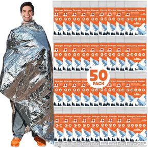 50 Pack Emergency Thermal Blanket Survival, Mylar Blankets for Outdoor, Space Blanket, Silver Foil Blanket, Survival Kit Camping Blanket, Body Warmer Blanket, First Aid, Hiking 84" x 52"