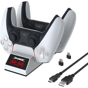 Controller Charger Station for PS5, PlayStation 5 Accessories for Sony, Wireless Dual Control Power Adapter with LED Light, DualSense Edge Charging Docking Holder Stand Kits, USB Cable, White