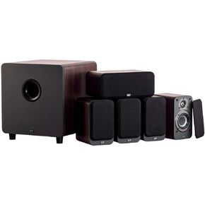 Monoprice HT-35 Premium 5.1-Channel Home Theater System - Espresso, with Powered Subwoofer, Low Profile Speaker Grilles, Secure Mounting Option, SaddleBrown (139358)