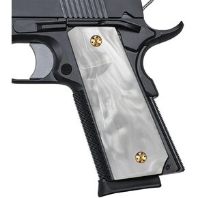 Cool Hand 1911 Grips, Full Size Government Commander, High Polished Synthetic Black/White Pearl, Screws Included, Ambi Safety Cut