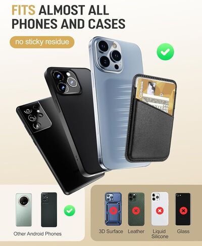 Senose Phone Wallet, Premium Leather Phone Wallet Stick on, Stronger Adhesive Credit Card Holder for Back of Phone Case, Phone Card Holder Compatible for iPhone, Samsung, and Android - 2Pack Black in Kuwait