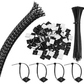 Xuniea 100 ft 1/4 Inch Expandable Braided Sleeving 100 Pack Zip Tie and 3/4" Self Adhesive Mounts Cable Base Holders PET Braided Sleeve for USB Power Cord Audio Video Cable, Black
