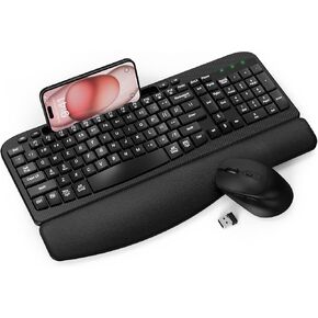 Wireless Keyboard and Mouse Combo, Wave Keys Computer Ergonomic Keyboard with Cushioned Plam Rest, Phone Holder, 2.4GHz Silent 6 Button Wireless Mouse Set for Laptop, PC, Windows, Mac (Black)