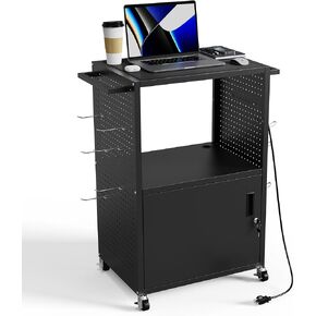 AV Presentation Cart, Computer Cart with Charging Station, Metal Construction Rolling Storage Cart with Anti-Slip Mat & 4 Wheels, Media Cart with 12 Hooks for School Classroom Office, Black