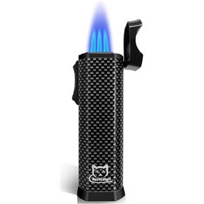 Carbon Fibre Texture Triple Jet Flame Torch Lighter with Punch | Holder | Gas Window | Refillable Butane