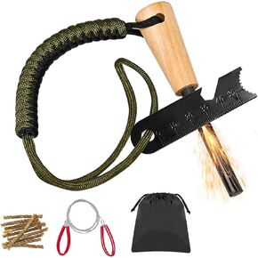 Kzviglo Ultimate Fire Starter Kit - Magnesium Rod, Flint and Steel Striker, Wire Saw, Waxed Jute Tinder, Paracord Strap, and Waterproof Pouch - Ideal for Camping, Hiking, Emergency
