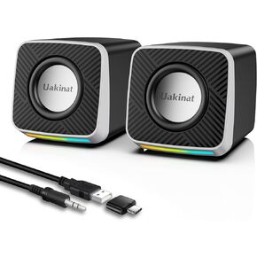 PC Speakers 2"–3W Carbon Fiber Computer Speaker for Desktop or Laptop PC,USB C/USB-Powered,Crystal Clear Sound,Rich Bass,Loud Volume,Direct Control,Plug-N-Play,Black-Silver