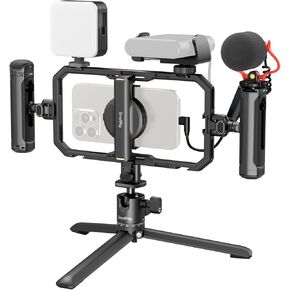 SmallRig All-in-One Phone Cage Video Rig Kit for iPhone, Phone Stabilizer Rig Kit w LED Light Microphone Dual Handles QR Tripod Power Bank Holder, for YouTube Video Recording