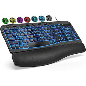 SABLUTE Ergonomic Keyboard Wired with Cushioned Wrist & Palm Rest, Backlit Computer Keyboards with 7-Color Adjustable Backlight, Comfortable Natural Wave Keys for Windows/Mac, Desktop Laptop