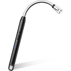 VEHHE Electric Lighter with 360° Flexible Neck, Flameless Windproof Long Candle Lighter with Led Battery Display, USB C Rechargeable Lighter with Hanging Hook for Gifts BBQ Fireworks (Black)