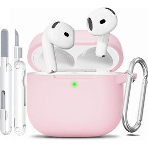 for AirPods 4 Case, Soft Silicone Case Compatible with Apple Airpods 4th Generation 2024 for Women Girly, Anti-Scratch Pink Case Cover with Cleaner Kit and Keychain, Drop Protection