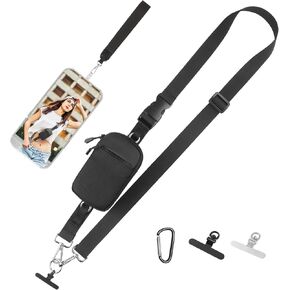 Phone Strap Crossbody Wrist Strap - Upgraded Hands-Free Phone Lanyard with Detachable Wallet, Anti-Drop Clip and Go Strap with 360° Rotatable Metal Phone Tabs, Compatible with All Phones (Black)