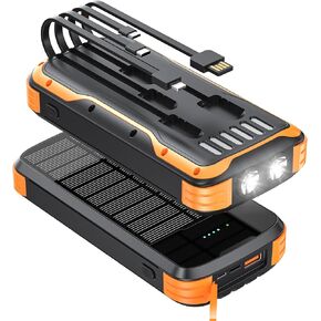 Solar-Power-Bank-Charger, 40000mAh Portable Phone Charger Built in 4 Cables with USB C in/Output, 5V3.1A QC 3.0 Fast Charging External Batter, External Battery Pack with Dual Bright Flashlights