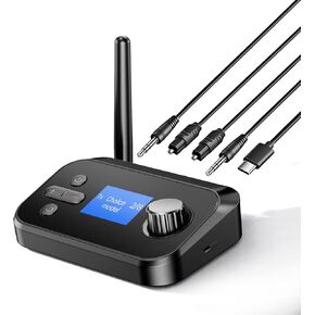 Bluetooth Transmitter Receiver 3-in-1 Bluetooth 5.3 Audio Adapter for 2 Headphones with LCD Display Adjustable Volume, Optical in/Out 3.5mm AUX in/Out Bypass for TV Home Stereo Speaker