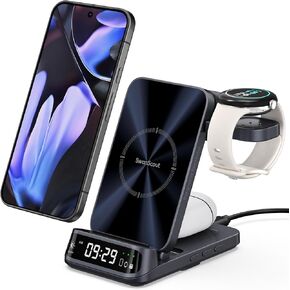 Wireless Charger for Pixel Watch 3/2/Fitbit Versa 4/3/Sense 2/ACE LTE, 3 in 1 Charging Station for Pixel 9 Pro Fold/9 Pro/9/8 Pro/8A/7/6/5/4 and More, SwanScout 708G2 (No Adapter)