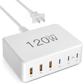 120W USB C Charger, 6 Ports USB Charging Station for Multiple Devices, USB Fast Wall Charger with 3 Type-C and 3 USB A, Multiport Power Adapter for iPad iPhone, Samsung Android Phones, MacBook (White)