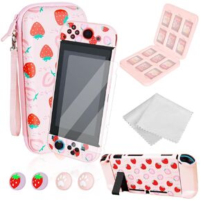 RIGYCH CARRY CASE لـ Nintendo Switch مع حامل البطاقة وتبديل الغطاء الواقي ， علبة السفر المحمولة مع حامي الشاشة وقبعات الإبهام (الوردي)