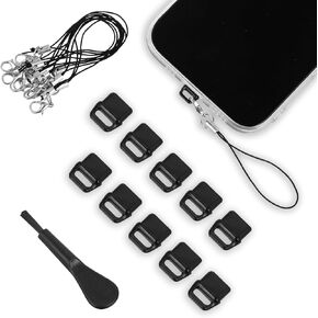 cobee 10 Pcs USB C Port Cover, Phone USB C Dust Plug Charm with Tab Lanyard Cleaning Brush, Charging Port Cleaner Dust Plug Speaker Cover for Type C Port Device(Black)