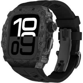 For Apple Watch 10 46mm Case Carbon Fiber Fluorine Rubber Band, Luxury iWatch S10 46mm Carbon Fiber Case for Men, Replacement Fluorine Rubber FKM Strap Apple Watch 46mm Protective Bumper Cover