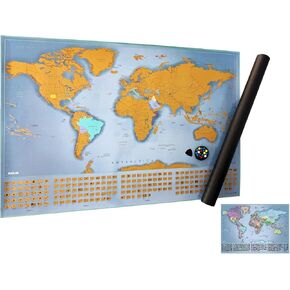 XL Scratch Off Maps of The World with Flags - 36 x 24 Easy to Frame + Pins + Guitar Pick + Clear Adhesives - Travel Map with Push Pins - Scratch-Off World and USA Travel Map Tracker with Flags for - Planning and Exploring Adventures