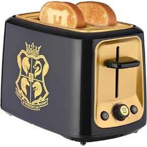 Warner Brothers Harry Potter 2-Slice Toaster by Select Brands, Imprints Hogwarts Crest and Harry Potter Glasses on Toasted Bread, Black and Gold, WBH-26TS