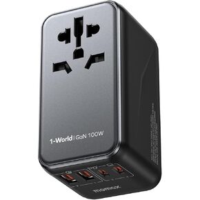MOMAX Universal Travel Adapter, 100W Fast GaN International Power Adapter, 2PD USB-C+2QC USB-A Travel Adapter, US, UK, EU, AU Travel Adapter Worldwide for Laptops, Tablets, Phones, Vision Pro